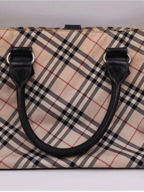 Burberry Beige Plaid Tote with Black Leather Handles